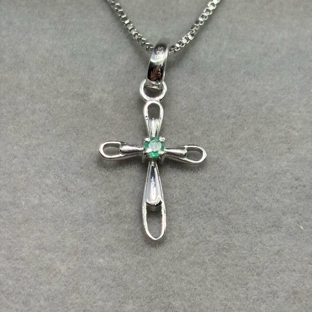 Genuine green emerald cross pendant on sterling silver chain